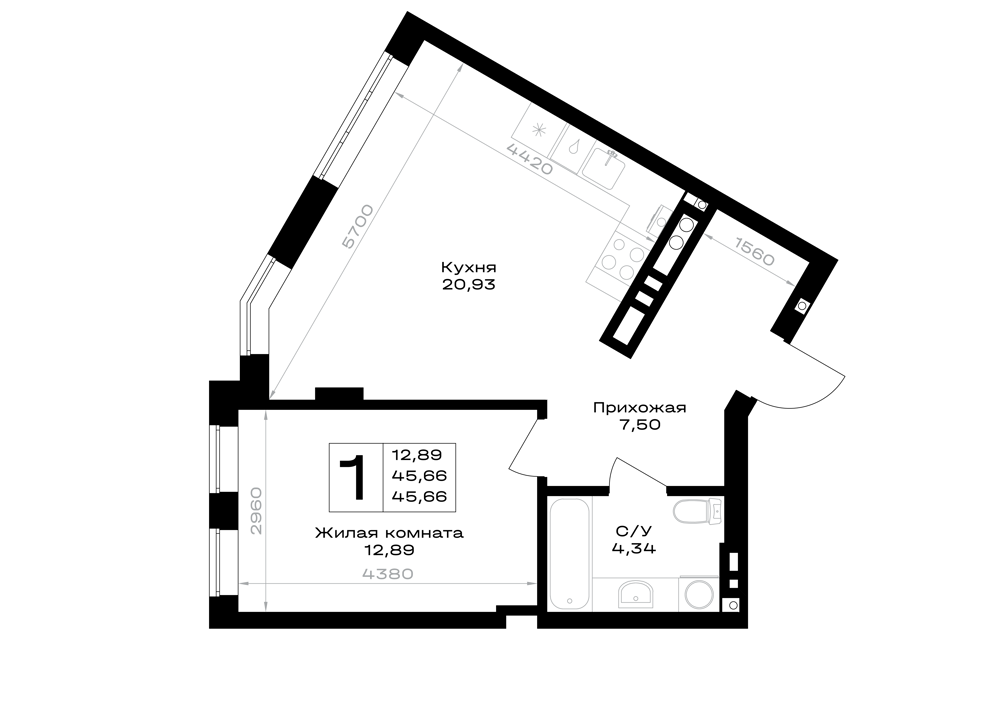 Планировка: 1-комнатная · 45,66 м²