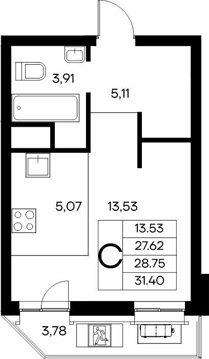 Планировка: Студия · 31,4 м²