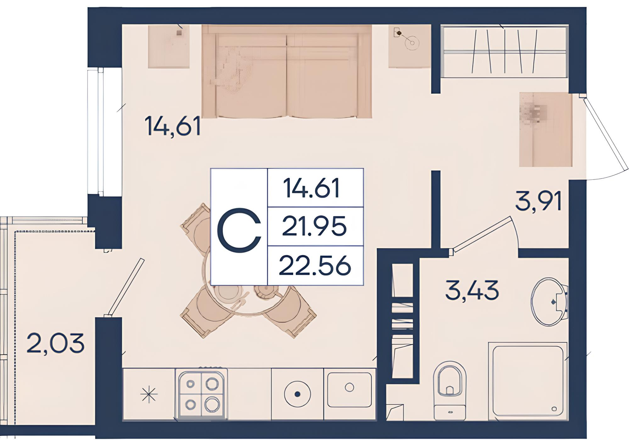 Планировка: Студия · 22,56 м²