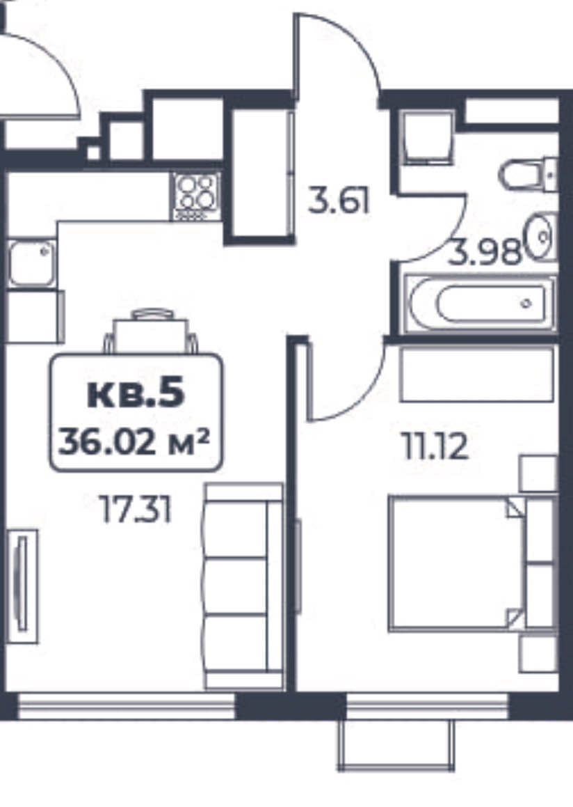 Планировка: 1-комнатная · 36,02 м²