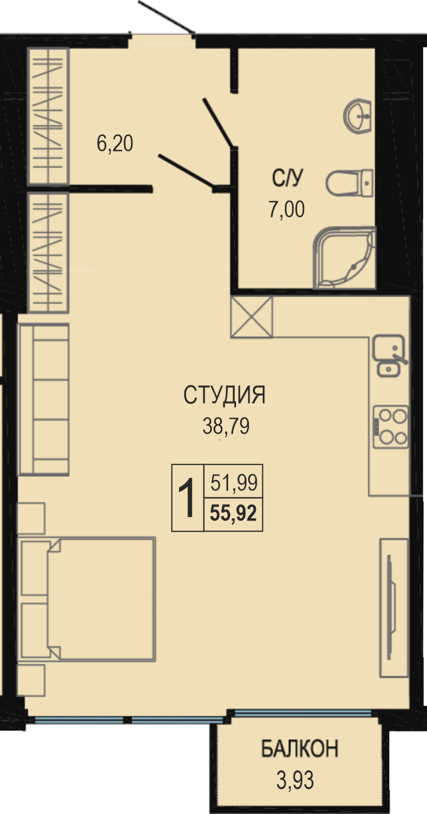 Планировка: Апартаменты · 56,3 м²