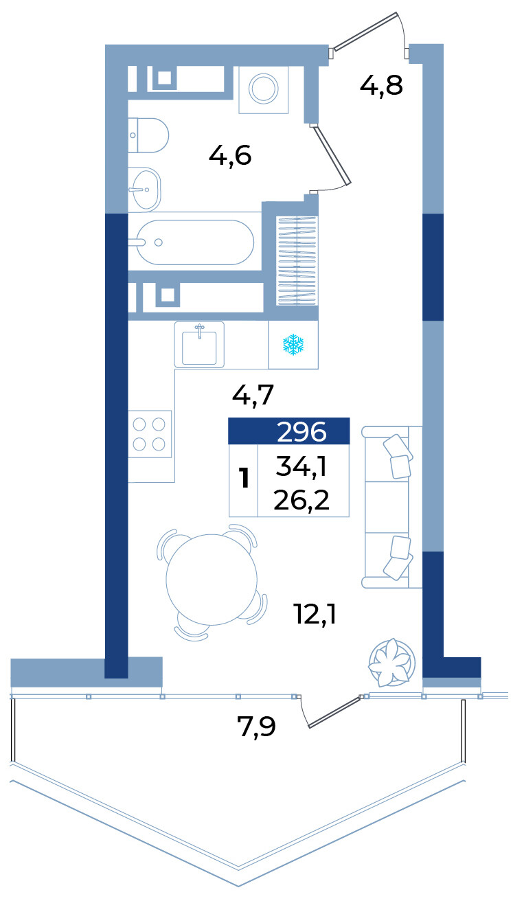 Планировка: 1-комнатная · 34,1 м²