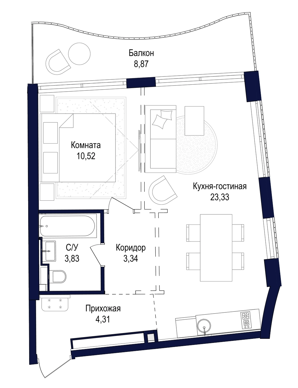 Планировка: 1-комнатная · 54,29 м²