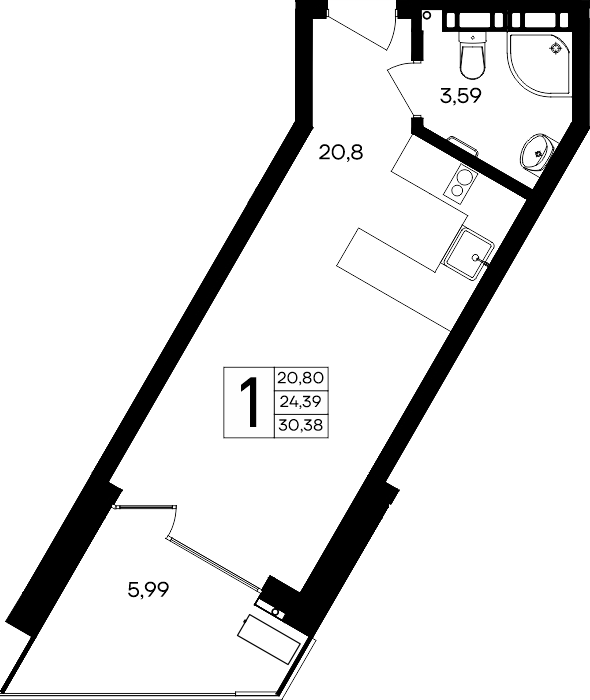 Планировка: 1-комнатная · 30,38 м²