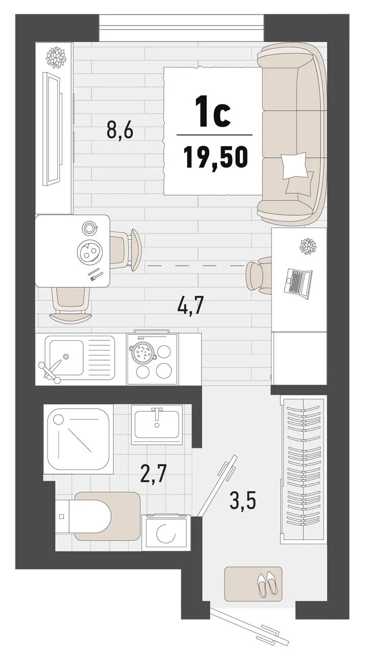 Планировка: 1-комнатная · 19,5 м²