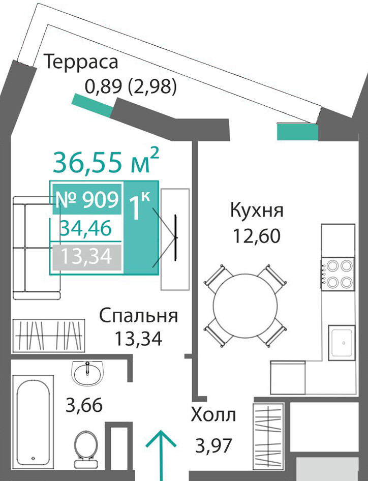 Планировка: 1-комнатная · 34,46 м²