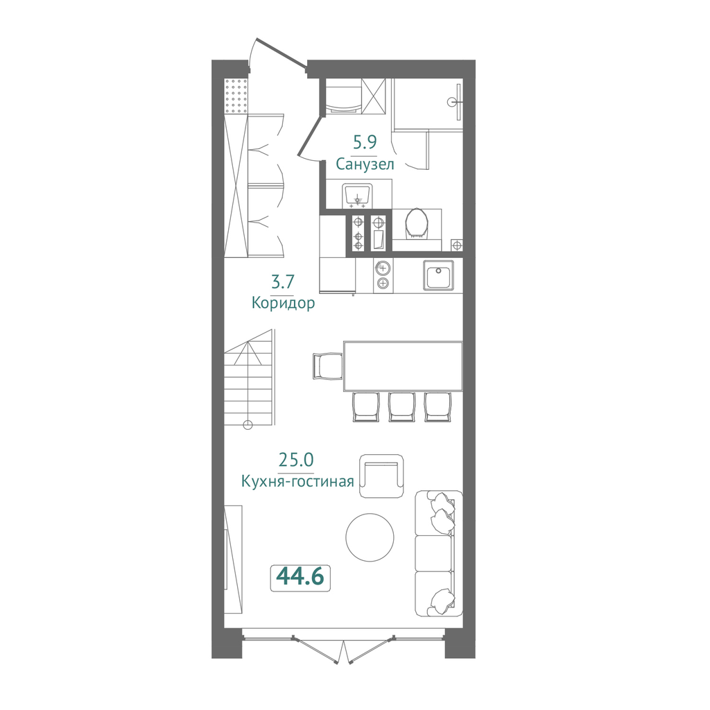 Планировка: Студия · 44,6 м²