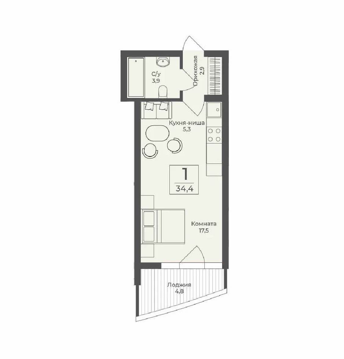 Планировка: 1-комнатная · 34,4 м²