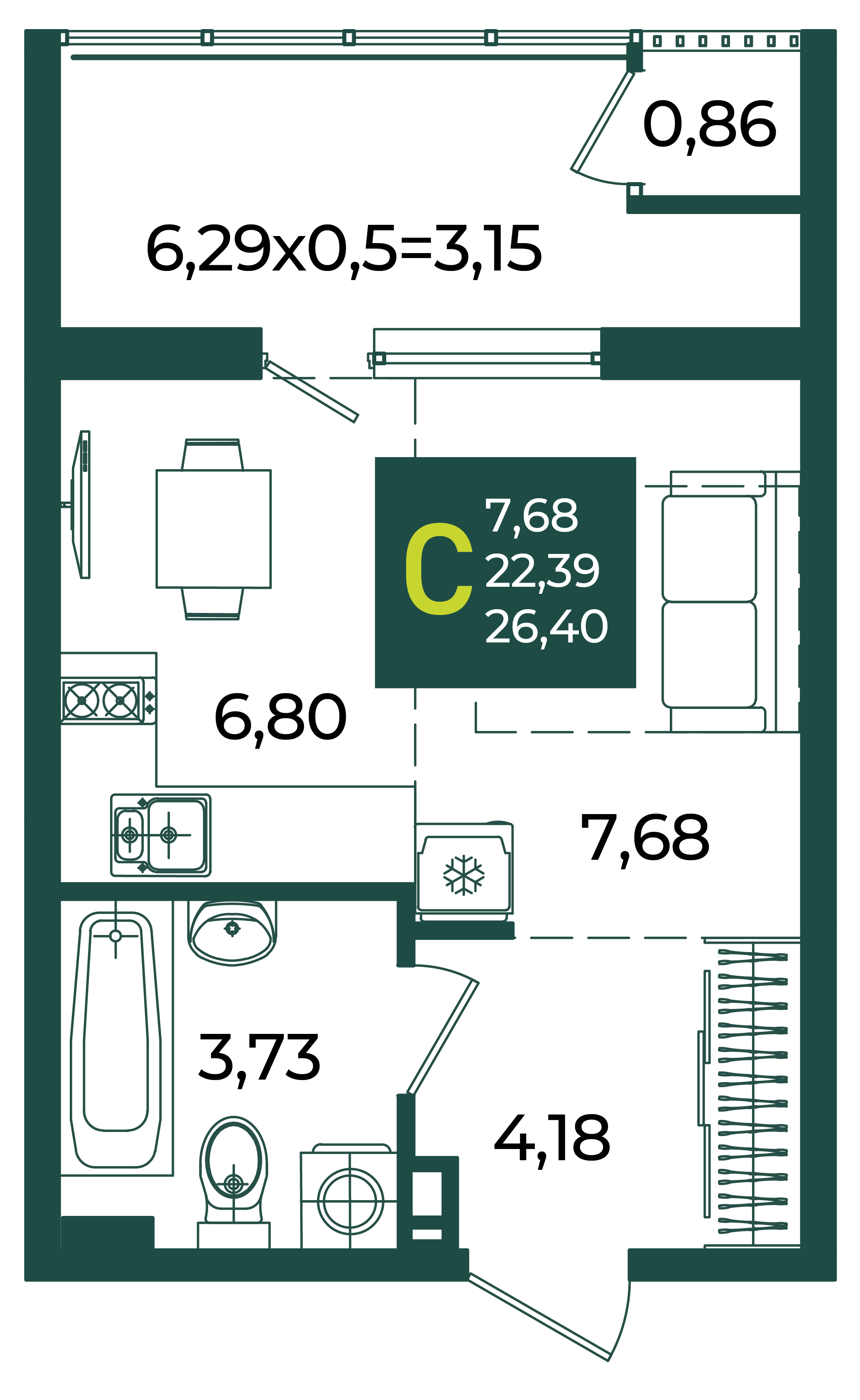Планировка: Студия · 26,4 м²