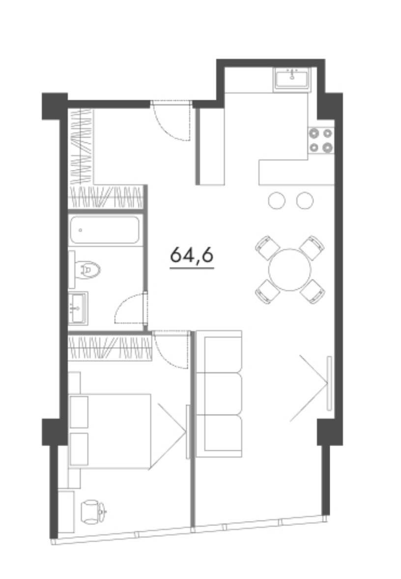 Планировка: 2-комнатная · 64,6 м²