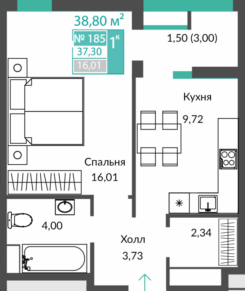 Планировка: 1-комнатная · 37,3 м²