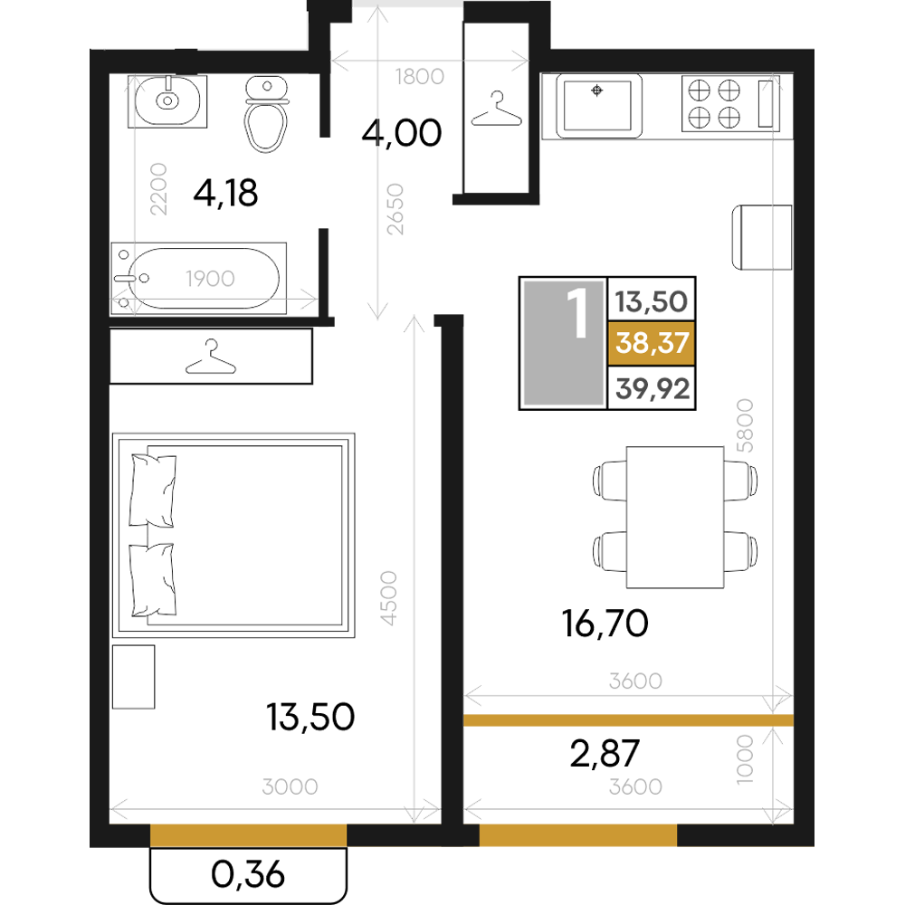 Планировка: 1-комнатная · 39,97 м²
