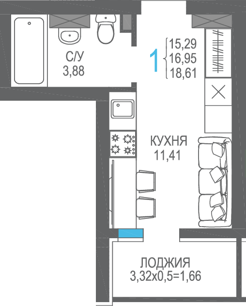 Планировка: Студия · 16,95 м²