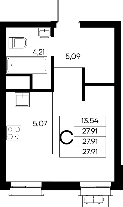 Планировка: Студия · 27,91 м²