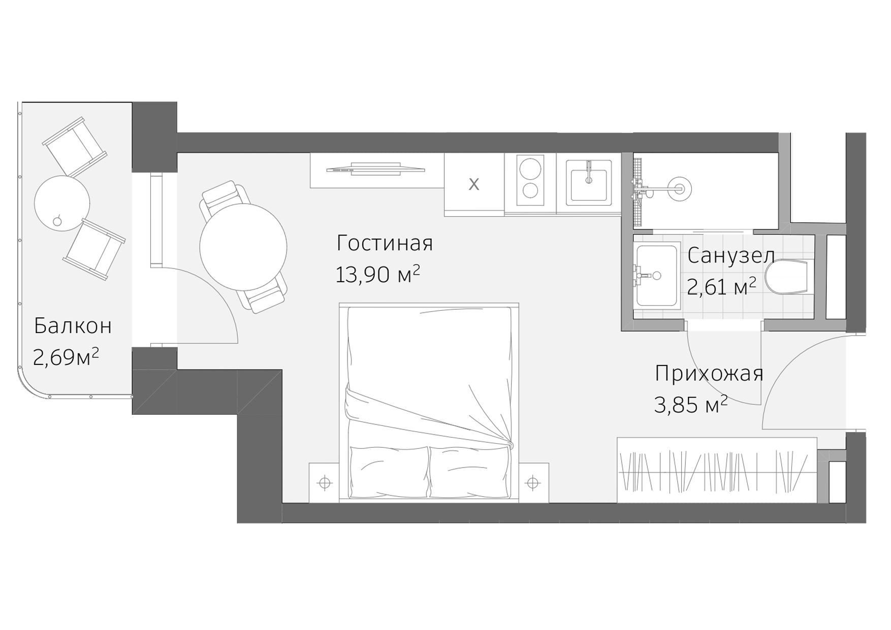 Планировка: Апартаменты · 23,05 м²
