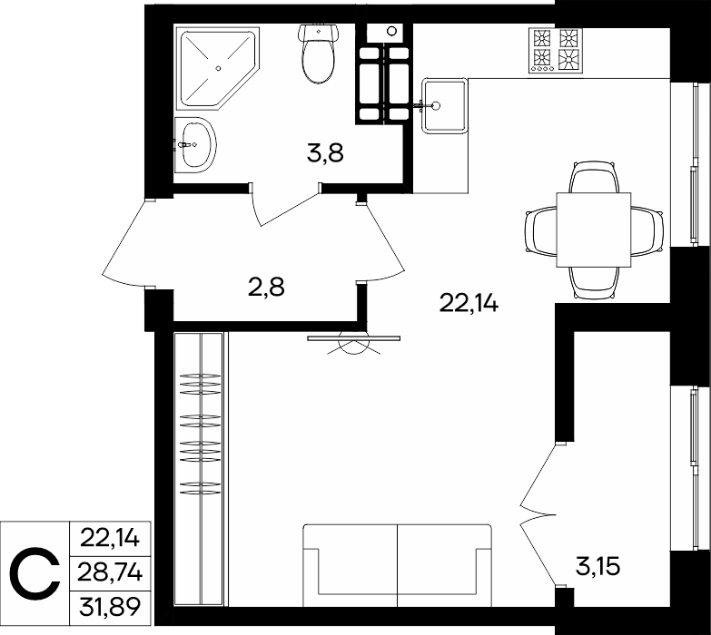 Планировка: Студия · 31,89 м²