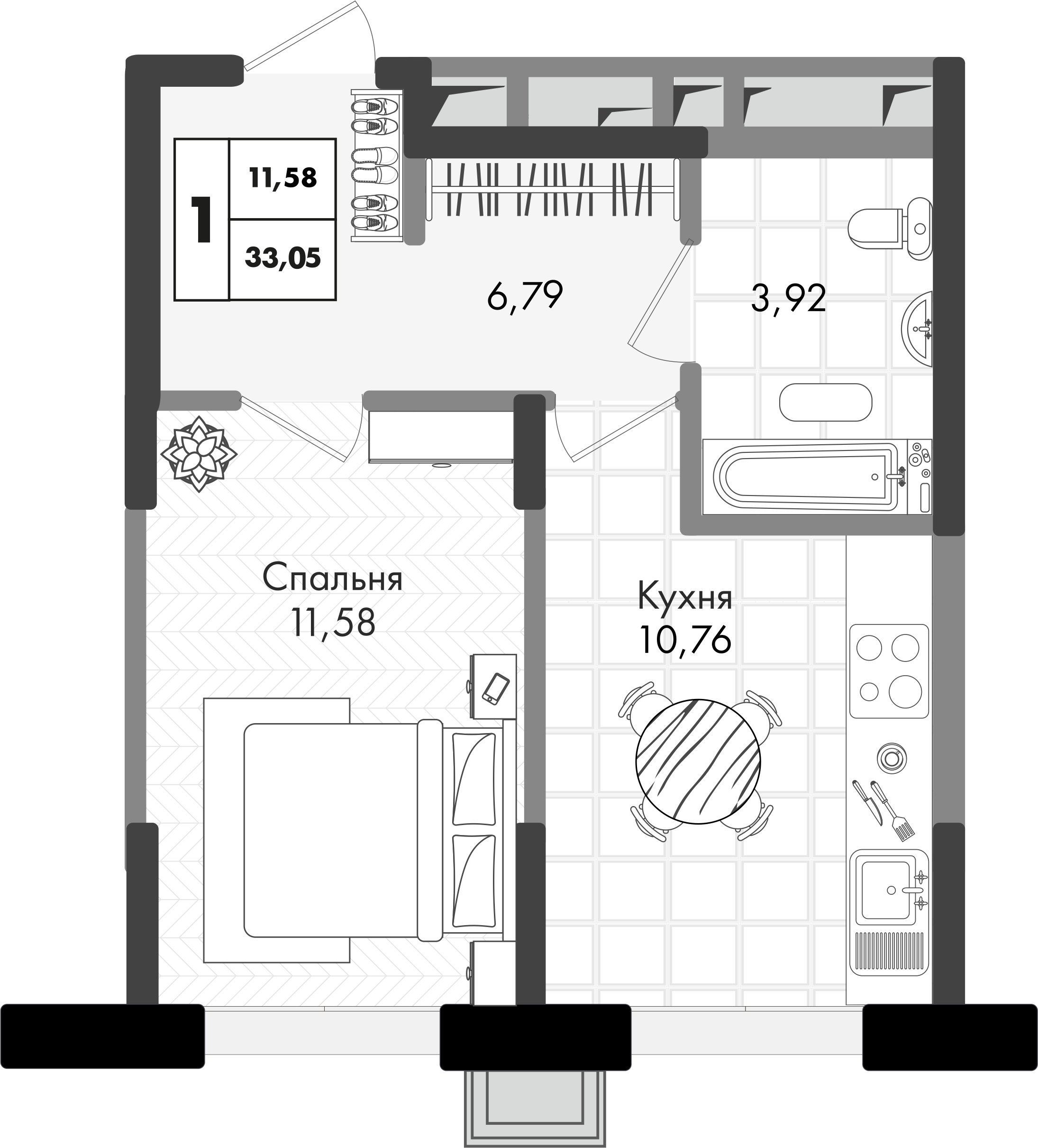 Планировка: 1-комнатная · 33,05 м²