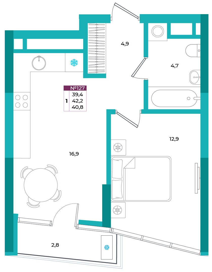 Планировка: 1-комнатная · 40,8 м²