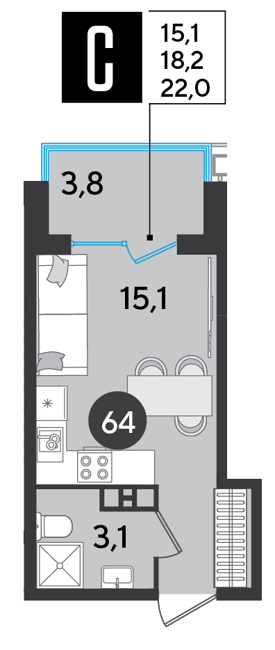 Планировка: Студия · 22 м²