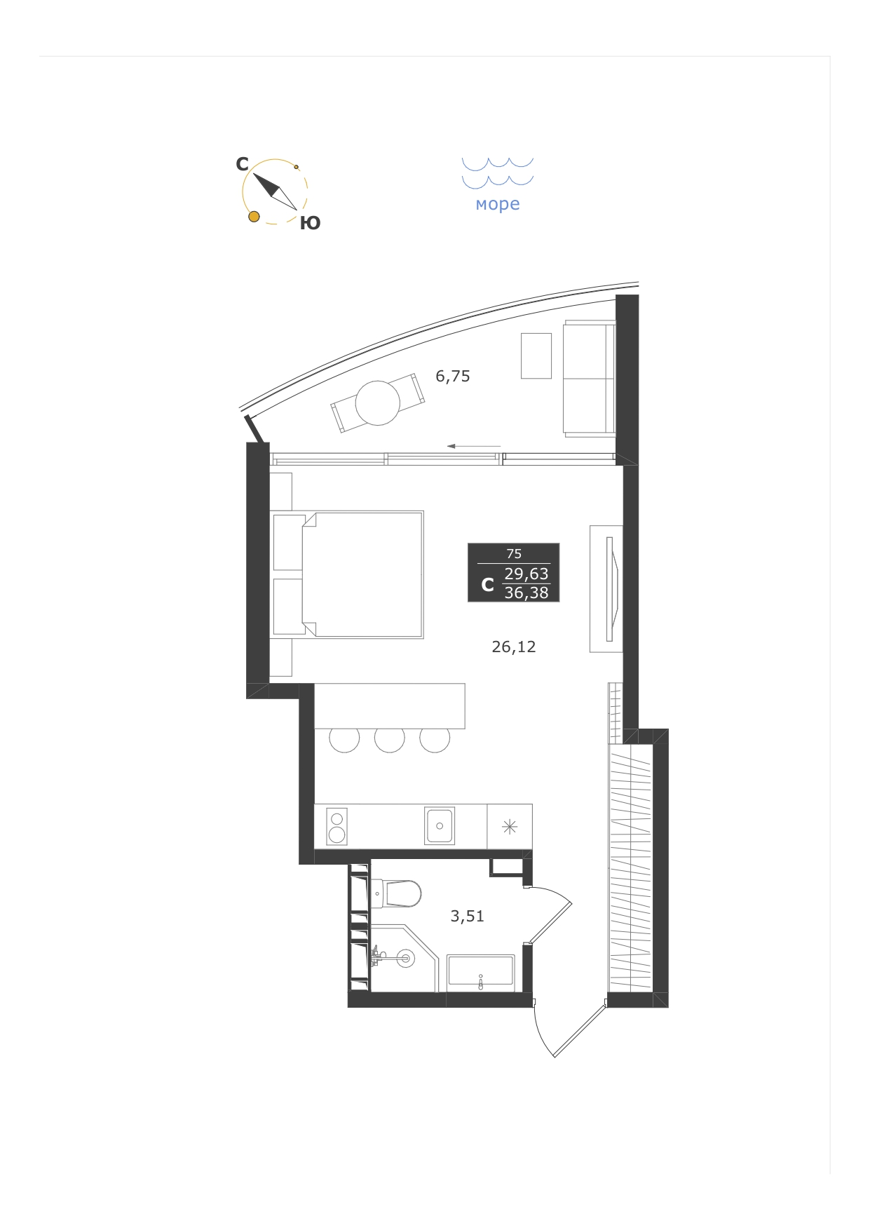 Планировка: Студия · 36,38 м²