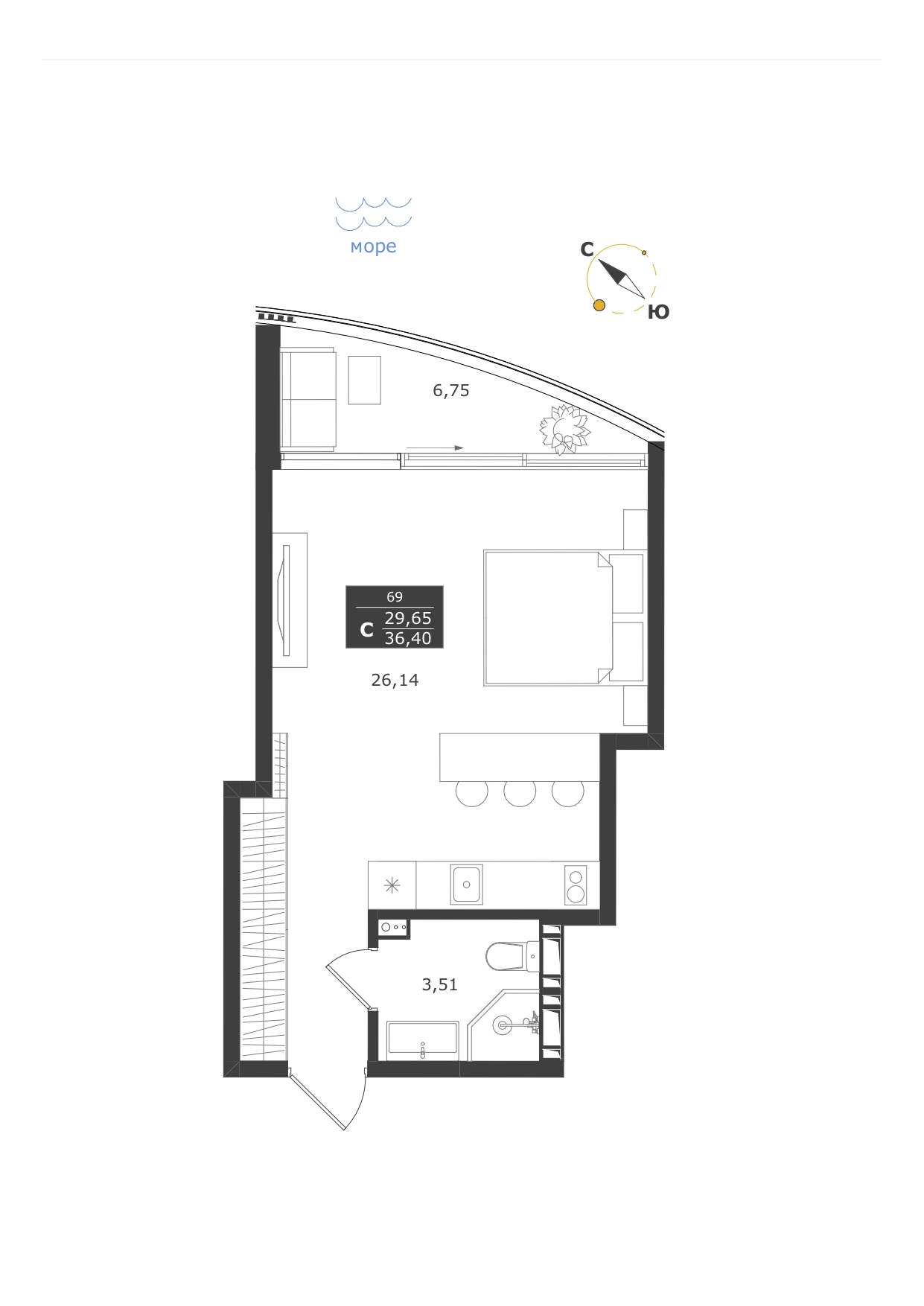 Планировка: Студия · 36,4 м²
