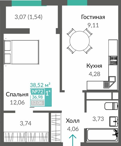 Планировка: 1-комнатная · 38,52 м²