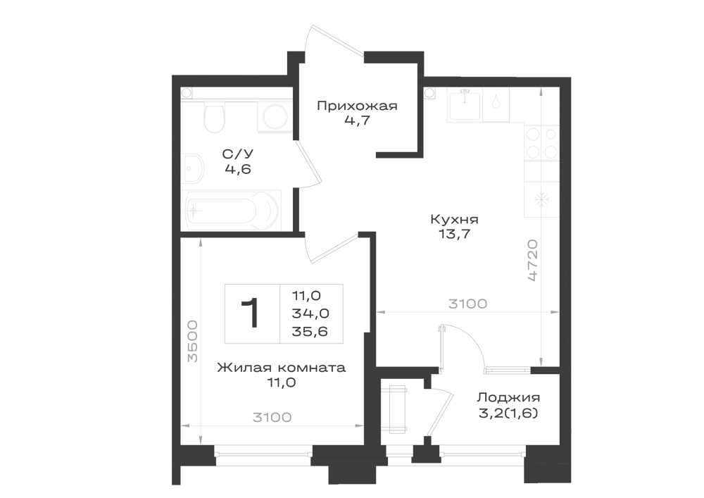 Планировка: 1-комнатная · 35,6 м²