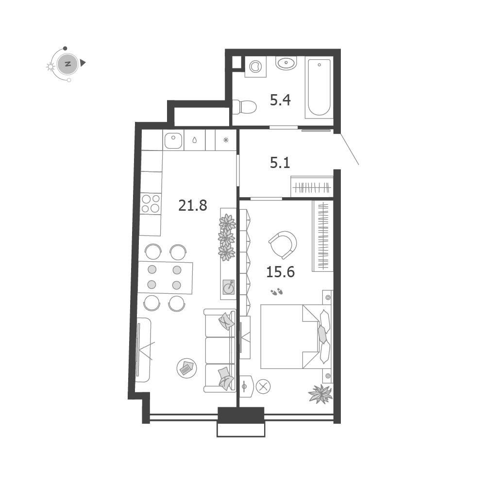 Планировка: 1-комнатная · 47,9 м²