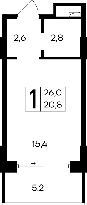 Планировка: 1-комнатная · 26 м²