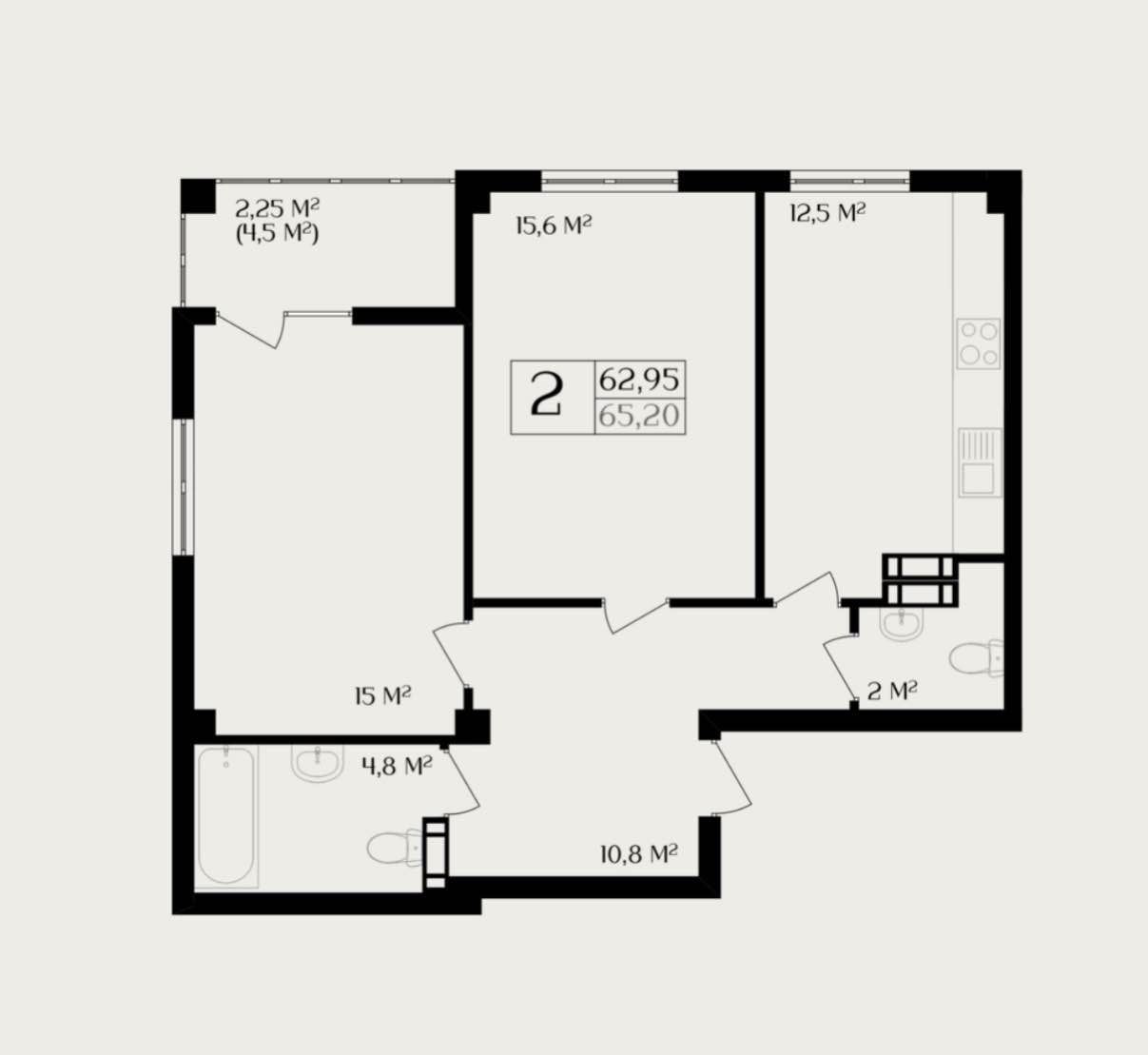 Планировка: 2-комнатная · 62,95 м²