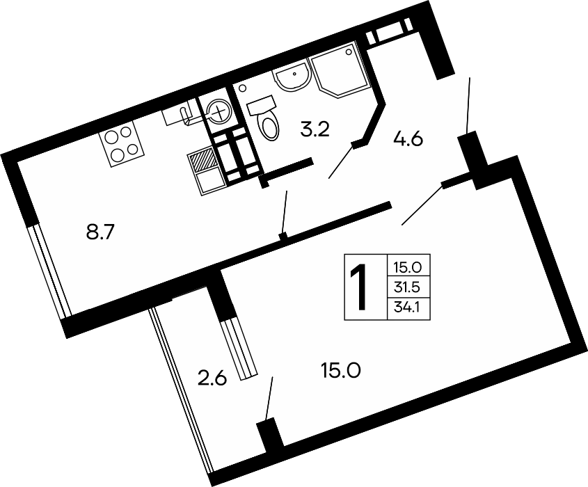 Планировка: 1-комнатная · 34,1 м²