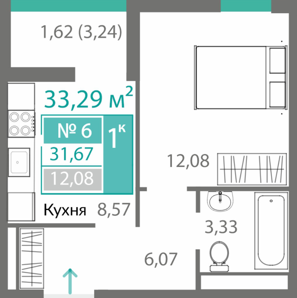 Планировка: 1-комнатная · 31,67 м²