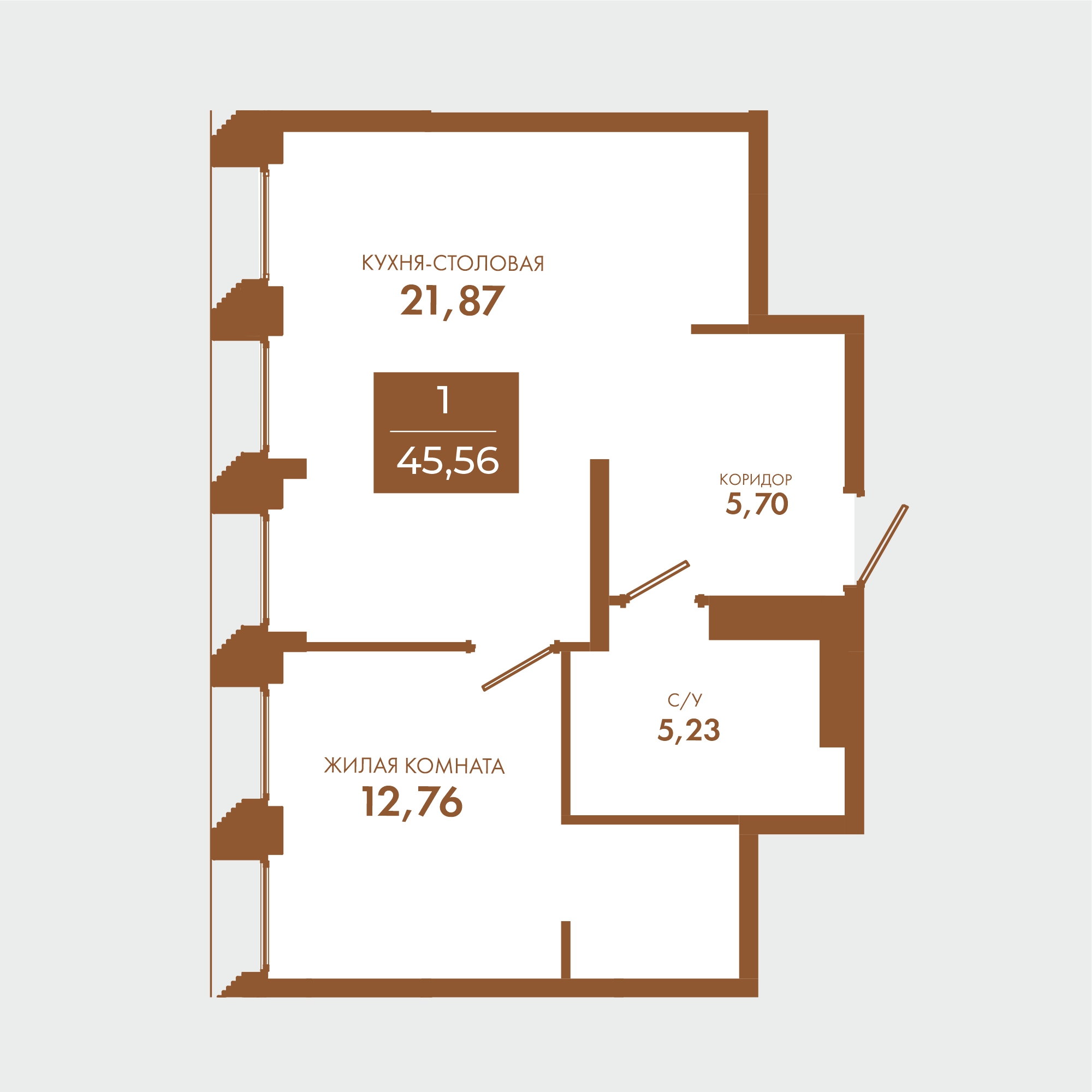 Планировка: 1-комнатная · 45,56 м²