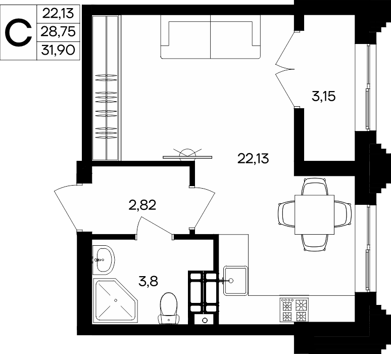 Планировка: Студия · 31,9 м²