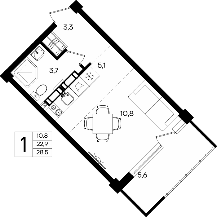Планировка: 1-комнатная · 28,5 м²