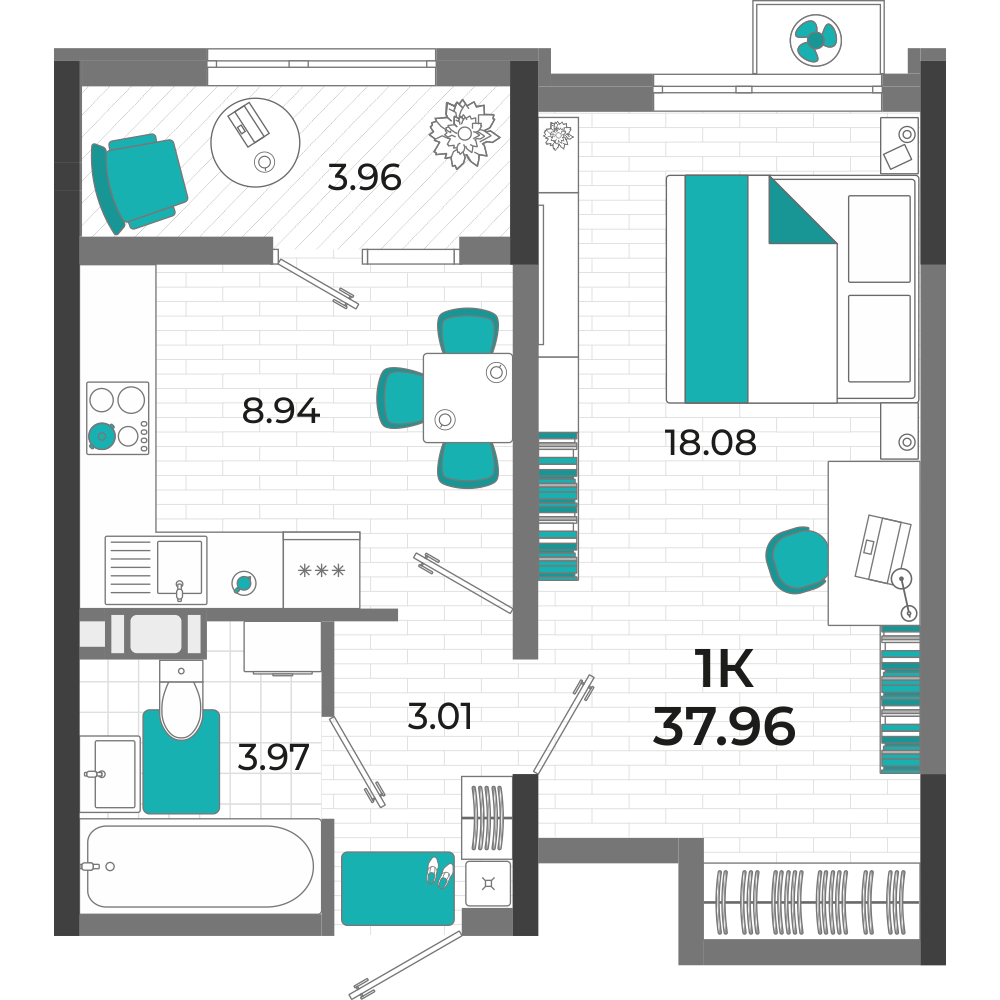 Планировка: 1-комнатная · 37,96 м²