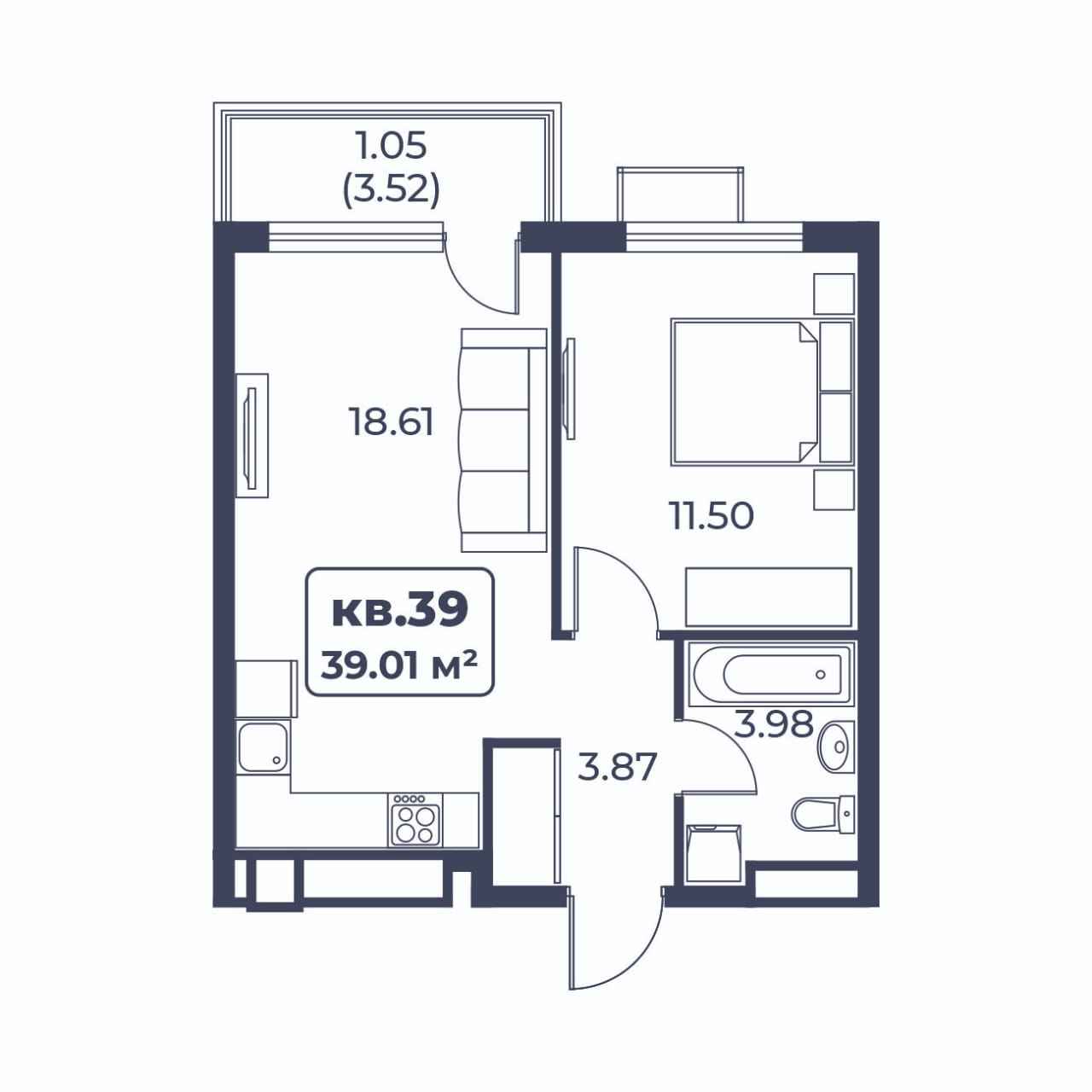 Планировка: 1-комнатная · 39,01 м²