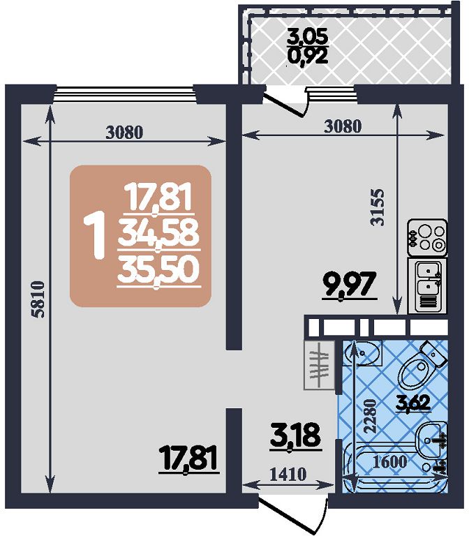 Планировка: 1-комнатная · 35,5 м²