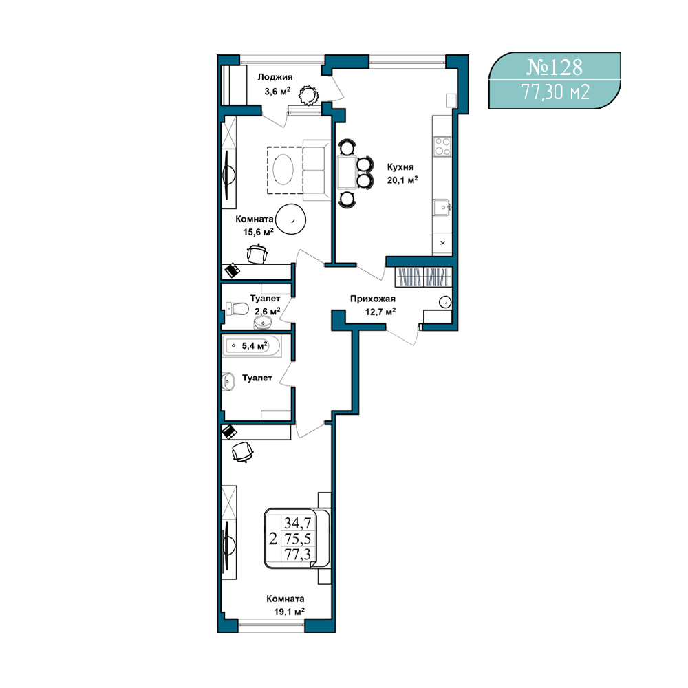 Планировка: 2-комнатная · 77,3 м²