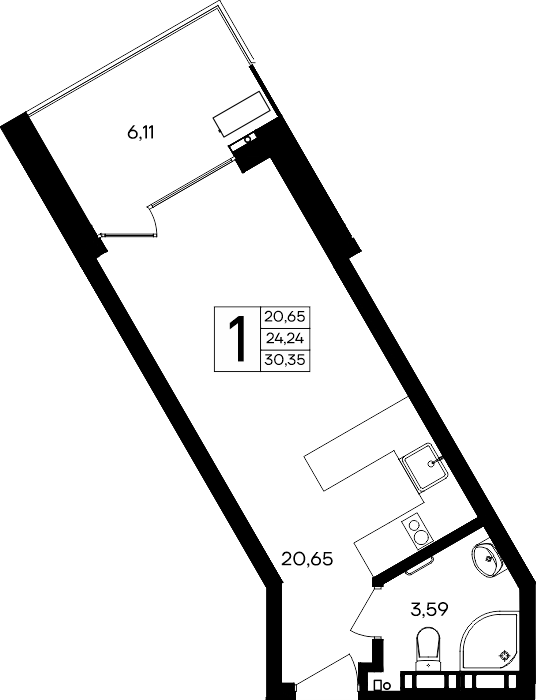 Планировка: 1-комнатная · 30,35 м²