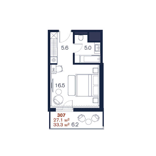 Планировка: Студия · 33,3 м²