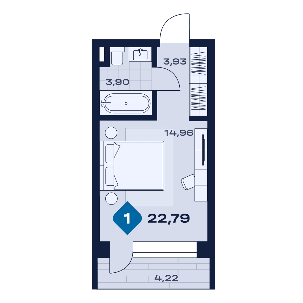 Планировка: 1-комнатная · 22,79 м²