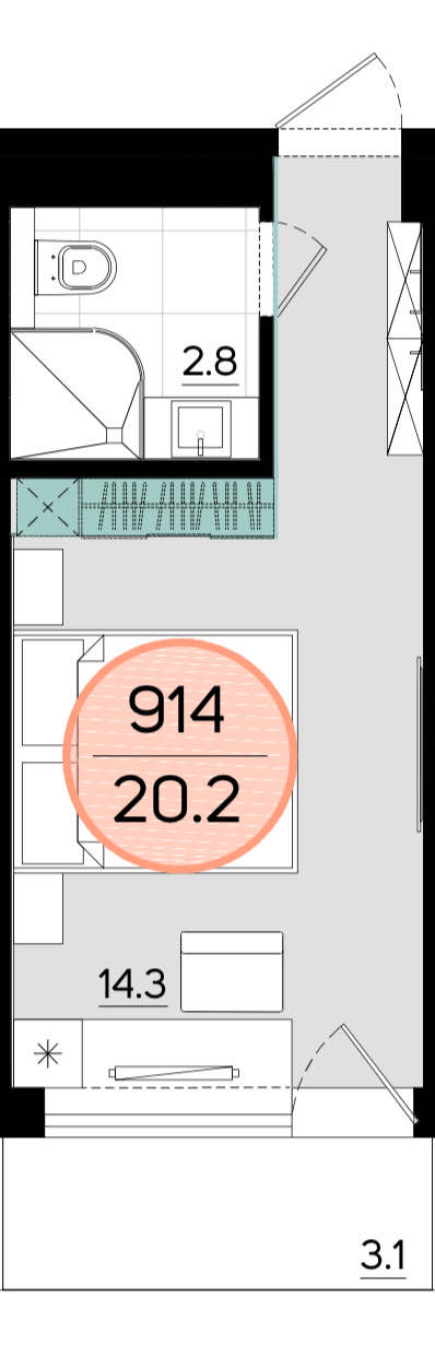 Планировка: 1-комнатная · 20,2 м²