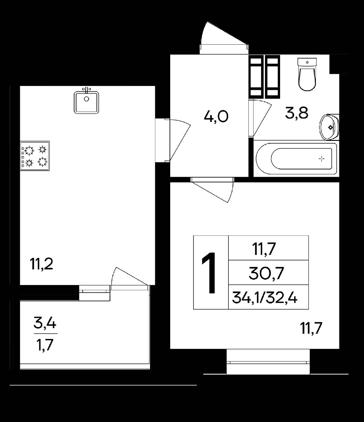 Планировка: 1-комнатная · 34,1 м²