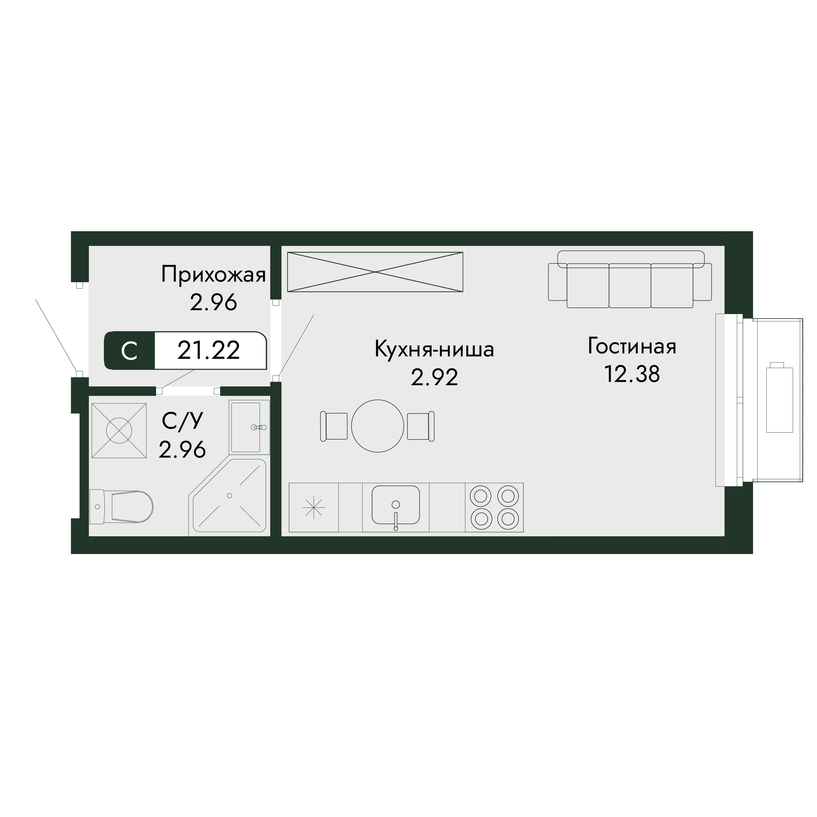 Планировка: Студия · 21,22 м²