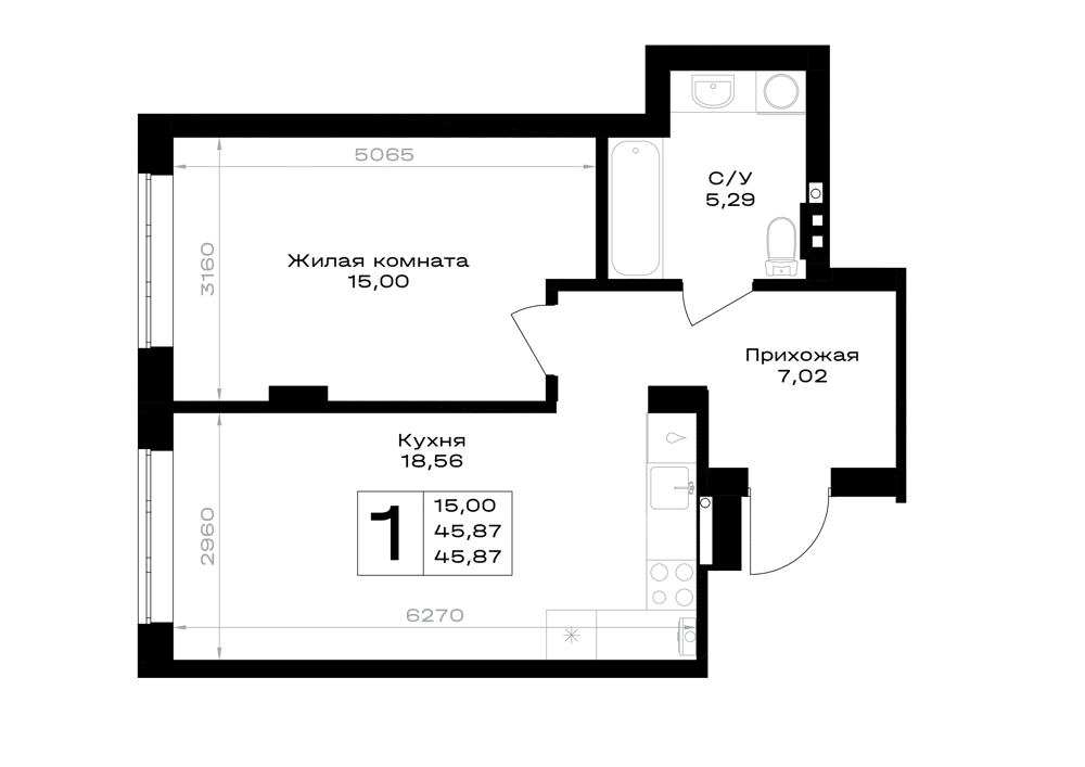 Планировка: 1-комнатная · 45,87 м²