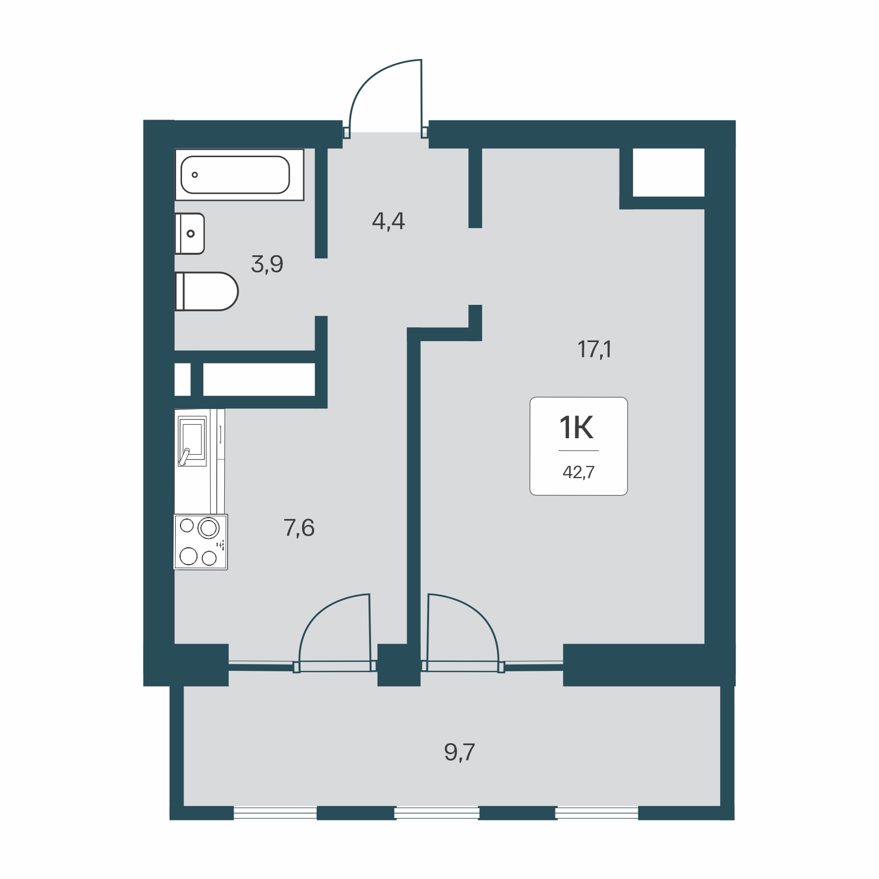 Планировка: 1-комнатная · 42,7 м²