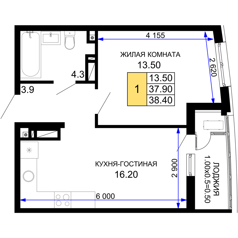 Планировка: 1-комнатная · 38,4 м²