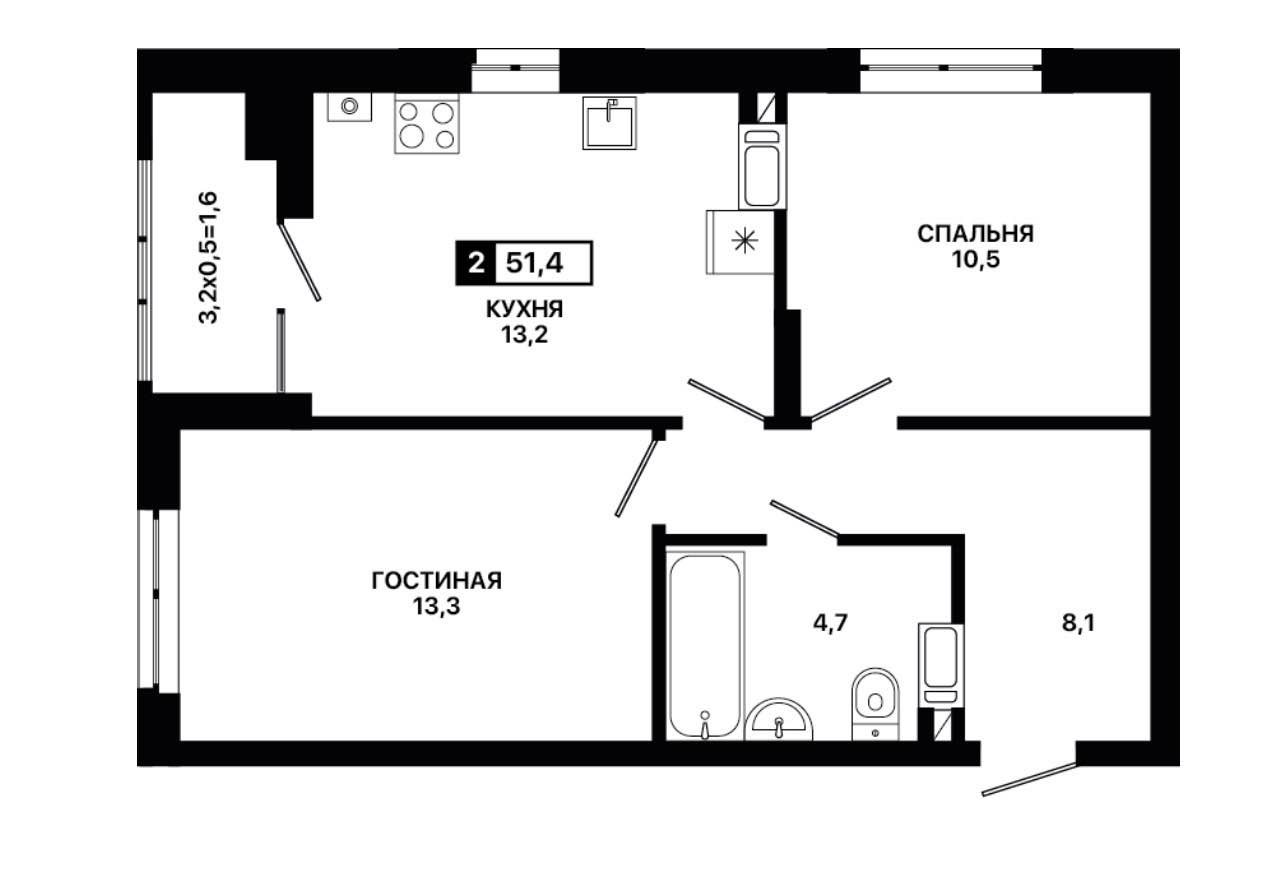 Планировка: 2-комнатная · 51,4 м²