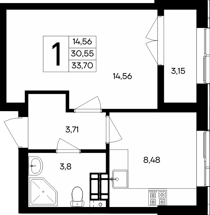 Планировка: 1-комнатная · 33,7 м²